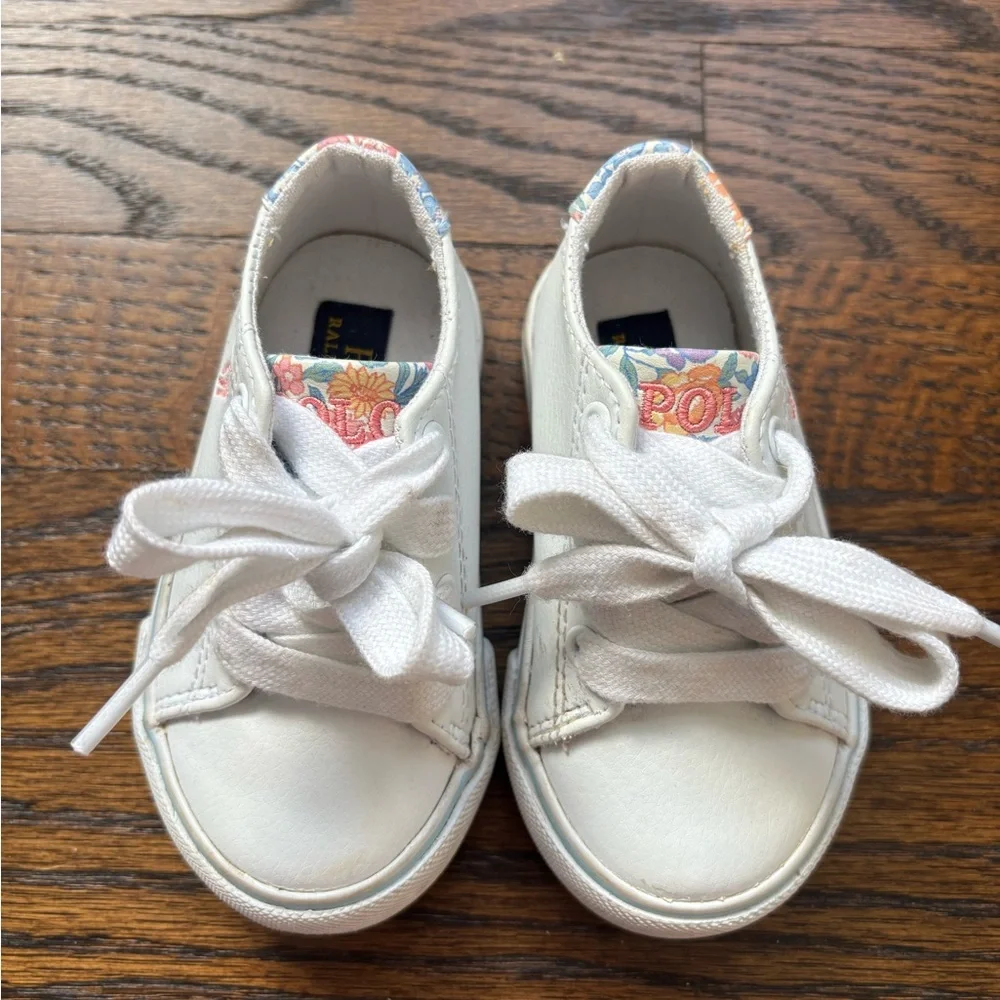 Polo by Ralph Lauren White Lace Sneakers with Flower Detail. Size 5.
